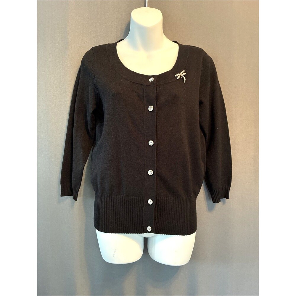 Vtg 90s Sweaterworks Silk Blend Cardigan Sz M Black Dragonfly Brooch Gem Buttons